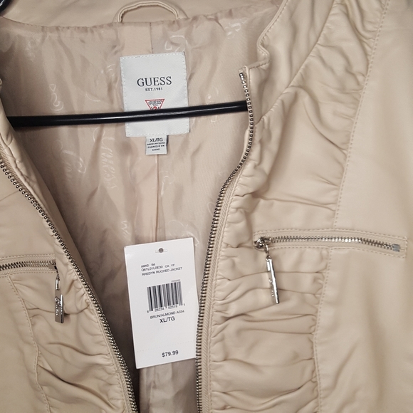 Guess Jacket XL Light Weight Fitted Faux Leather Moto Bomber Rouched Zipper - Picture 5 of 6